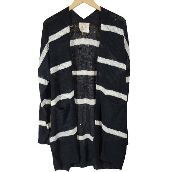 Fantastic Fawn Black & Ivory Stripe Open Front Duster Knit‎ Cardigan M NIB - Picture 2 of 6